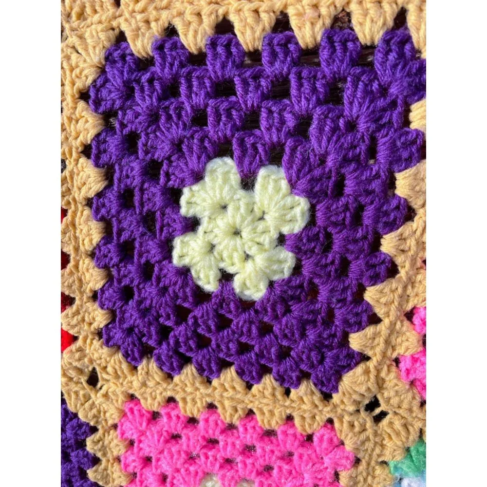 Vintage Colorful Granny Square Crochet Afghan 75x56" - Picture 7 of 16